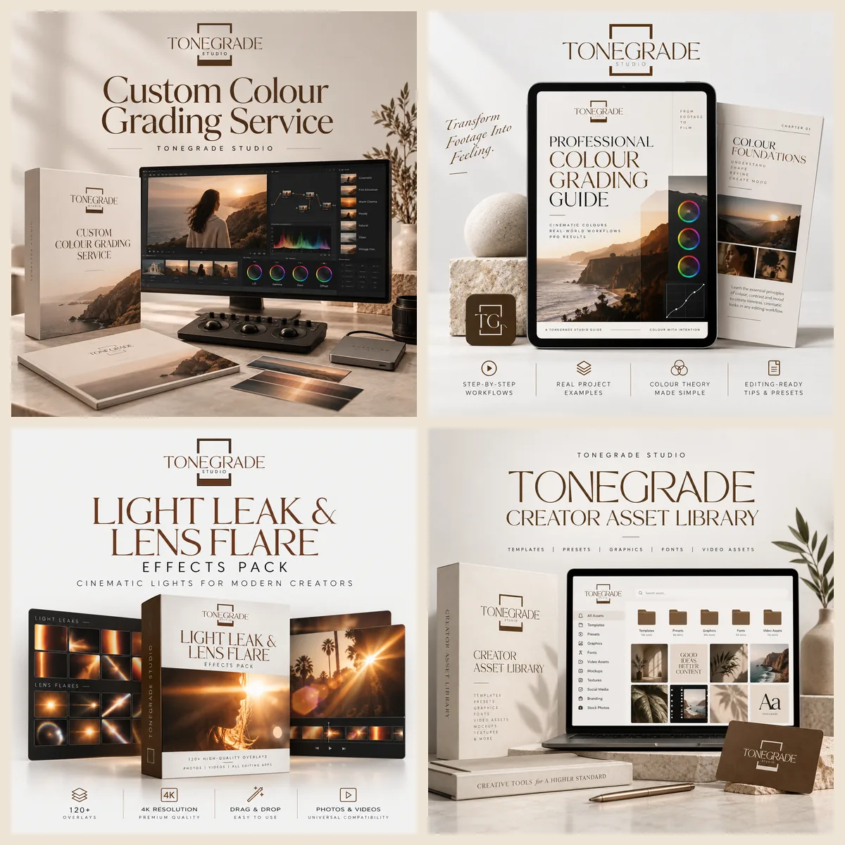 Four Tonegrade Studio products: the Custom Colour Grading Service, the Professional Colour Grading Guide, the Light Leak and Lens Flare Effects Pack and the Creator Asset Library.