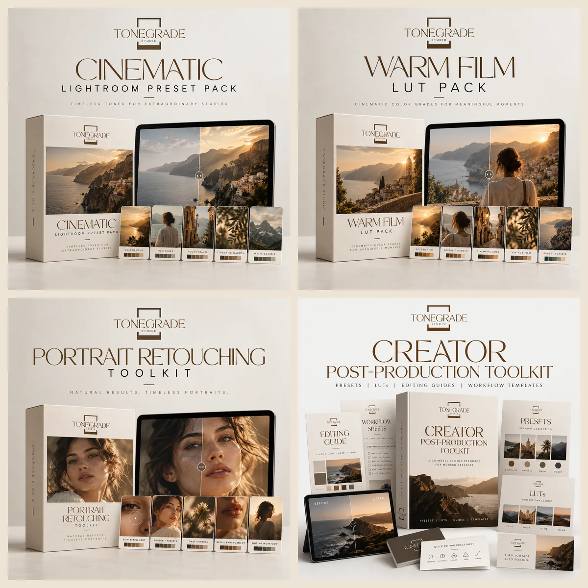 Four Tonegrade Studio products: the Cinematic Lightroom Preset Pack, Warm Film LUT Pack, Portrait Retouching Toolkit and Creator Post-Production Toolkit.